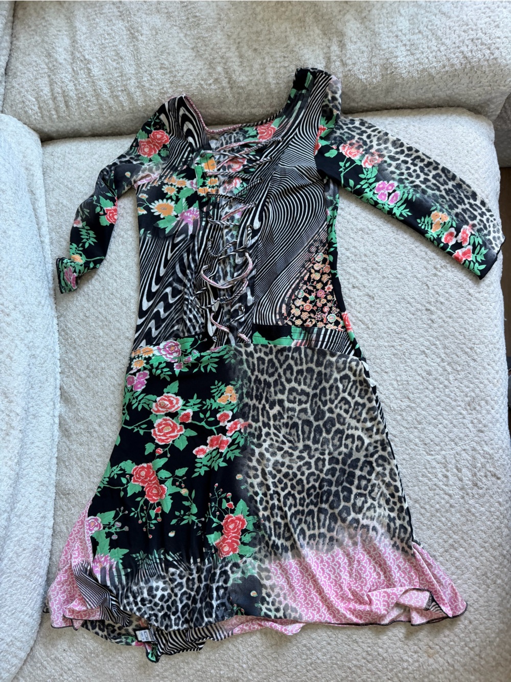 Roberto Cavalli Black Floral & Leopard Print Mini Dress with Pink Accents
